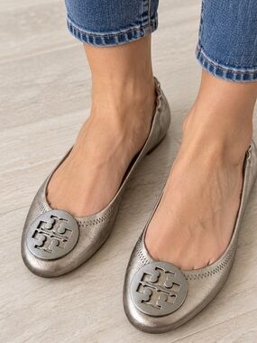 Tory Burch Reva Metallic Gold Slip On Ballerina Shoes